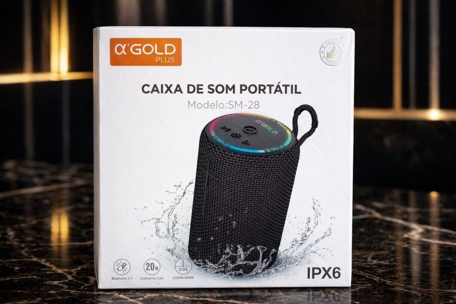 Caixa de Som A'Gold Plus SM-28 20W IPX6 - LED RGB 5 Efeitos