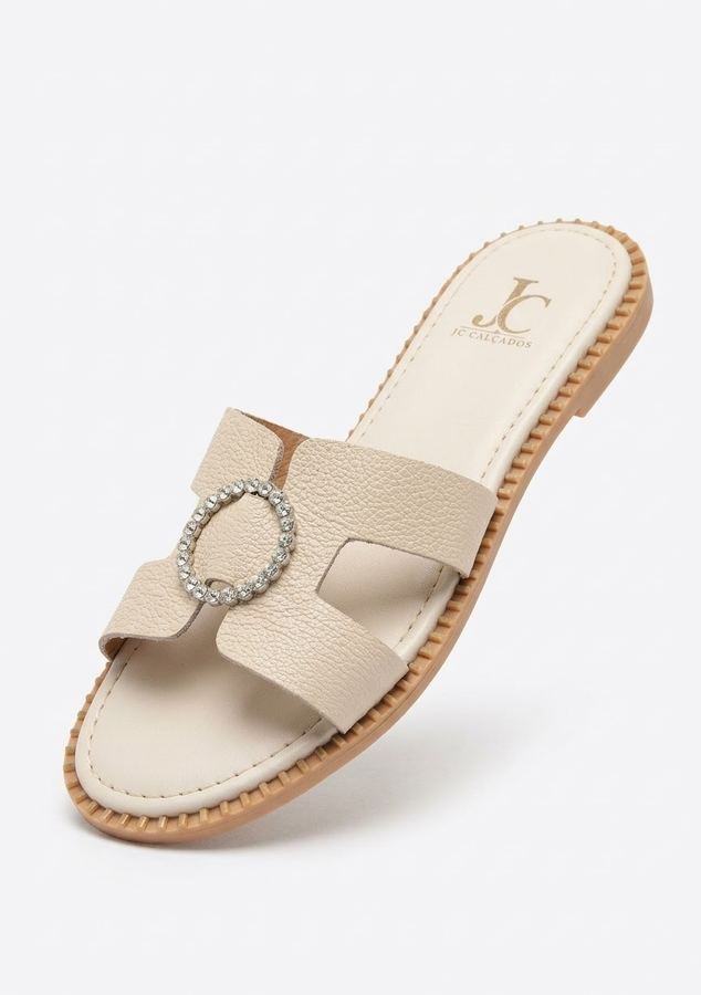 Rasteirinha Feminina JC Calçados com Fivela de Strass – Bege